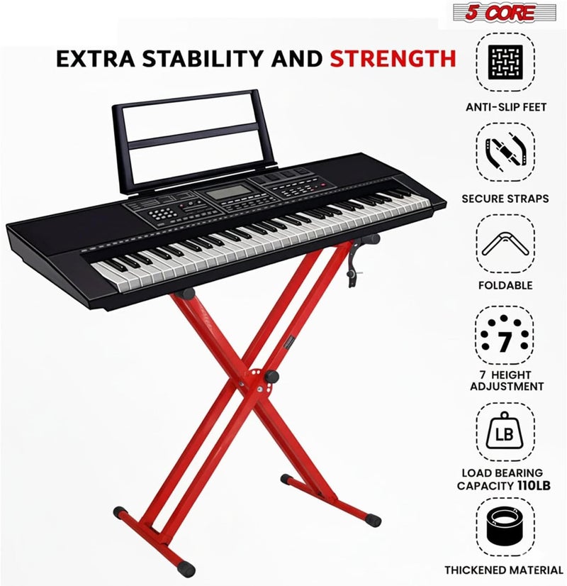5 Core Piano Keyboard Stand Double X Heavy Duty 7 Adjustable Heights & Width Digital Electric Synthesizer Music Stands For 61 76 88 Keys w Secure Locking Strap (Red) - Image 5